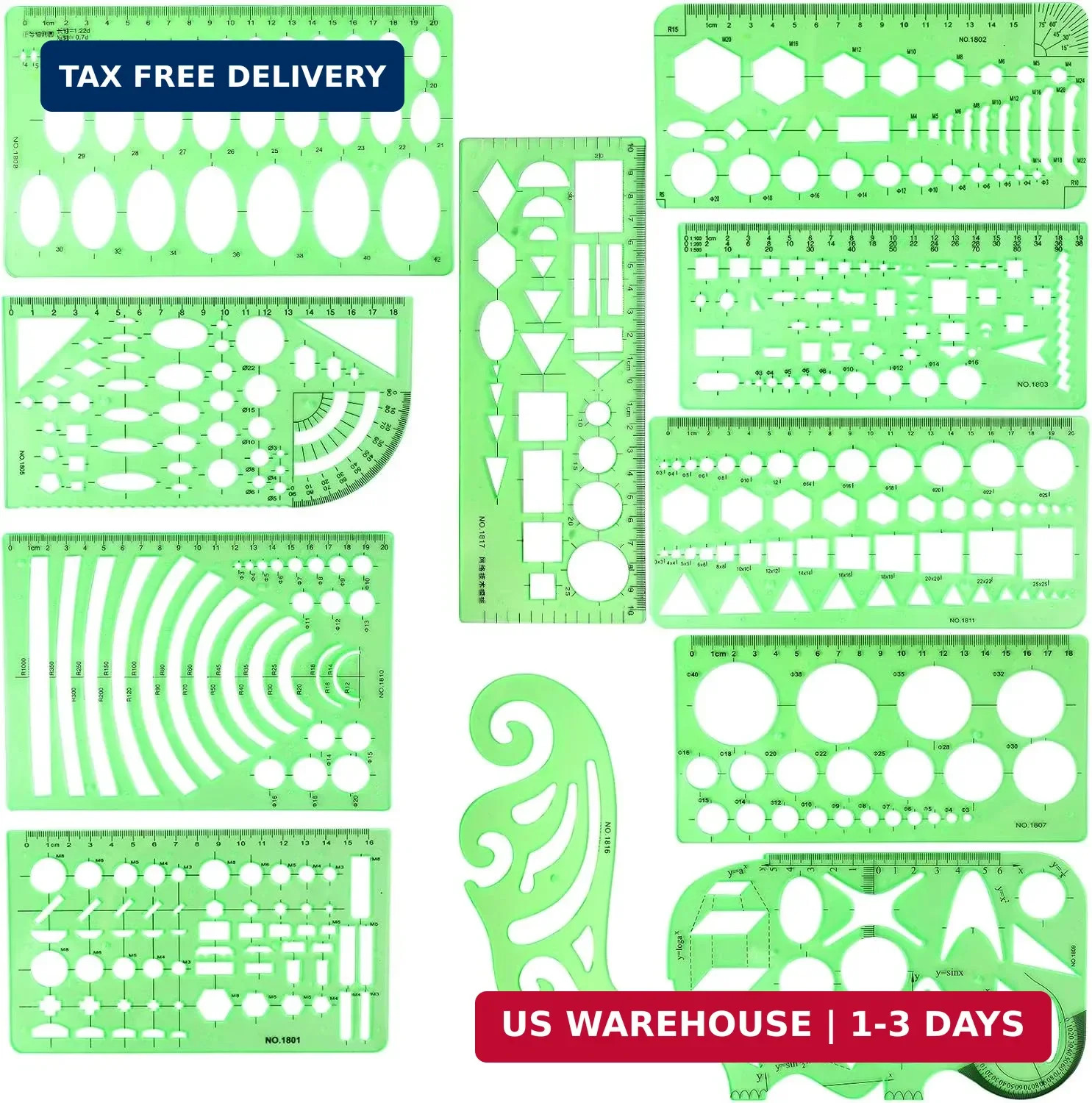 11PCS Geometric Drawings Templates, Drafting Stencils Measuring Tools, BetyBedy