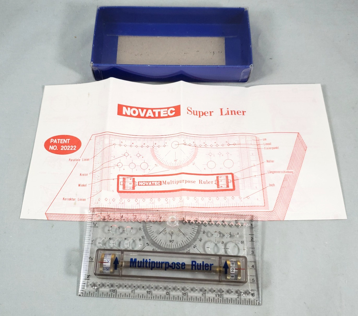 Novatec Drafting Multipurpose Clear Plastic Ruler w/ Pivot Brass in Box Vintage