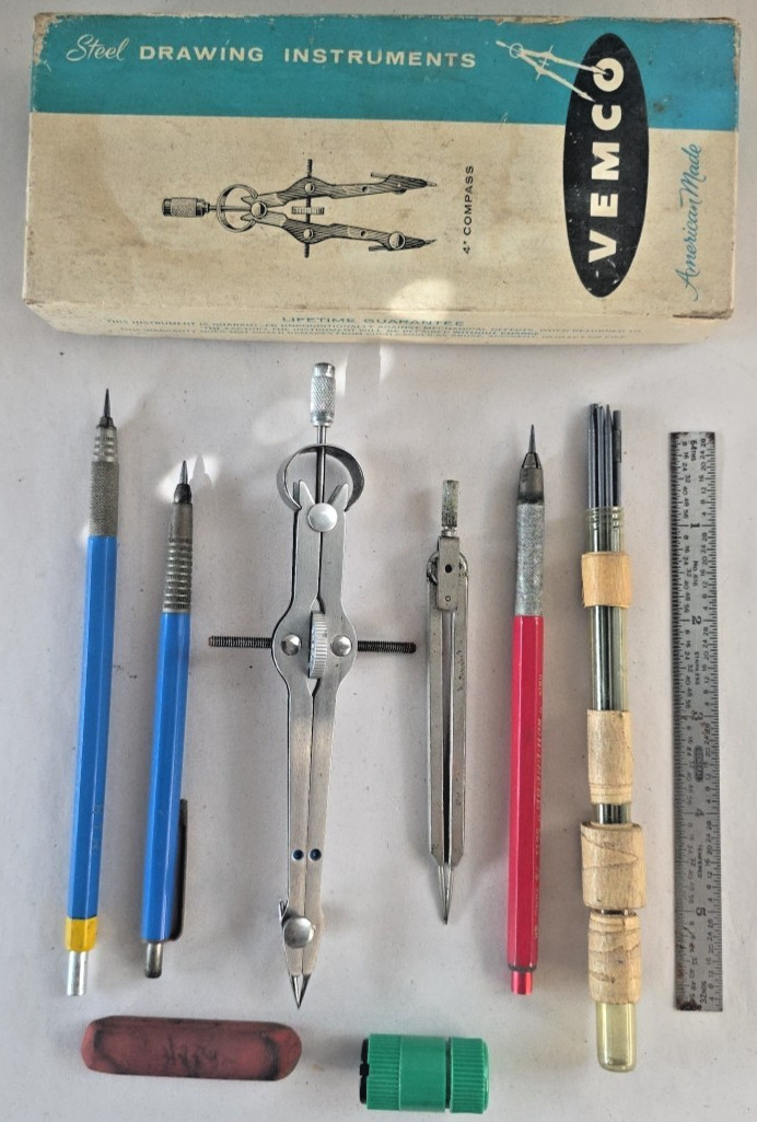 4″ Vemco Drafting Compass x/ Box, 3 Drafting Pencils, Lead, Ruler & Sharpener