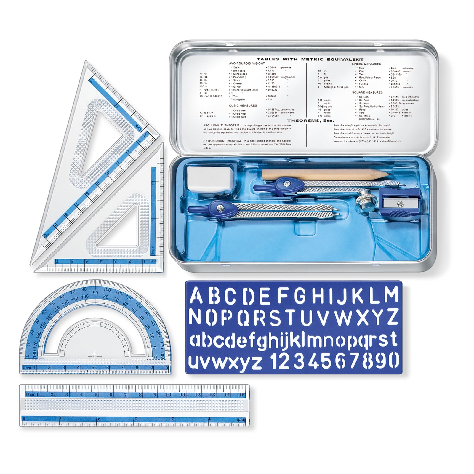STAEDTLER 10-Piece Math Set with Metal Compass, 6″ Ruler & Triangle Squares, 45°