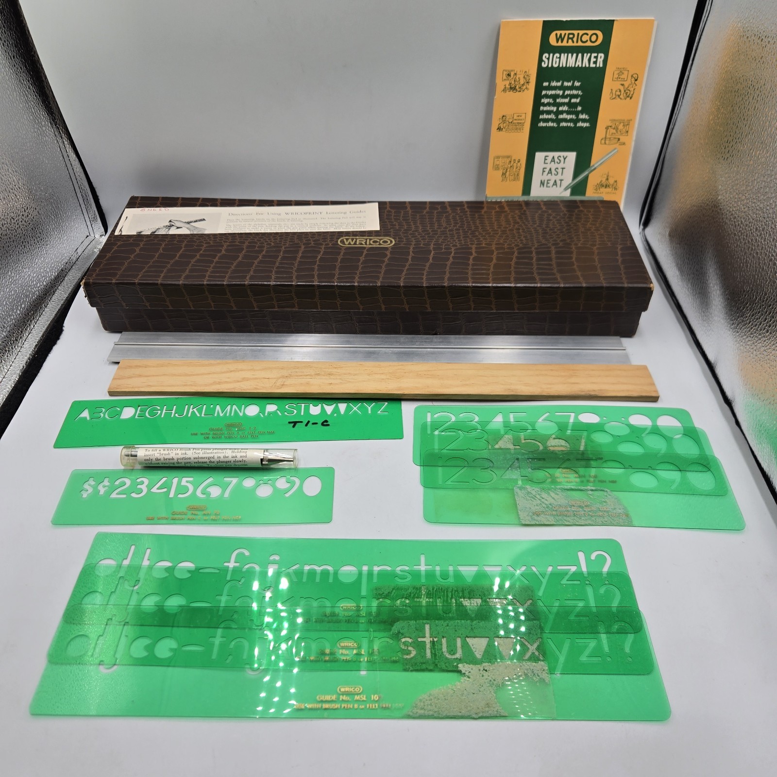 Vintage Drafting Wrico 1 pens, 8 Lettering and Number Guides Letter Pad + Box